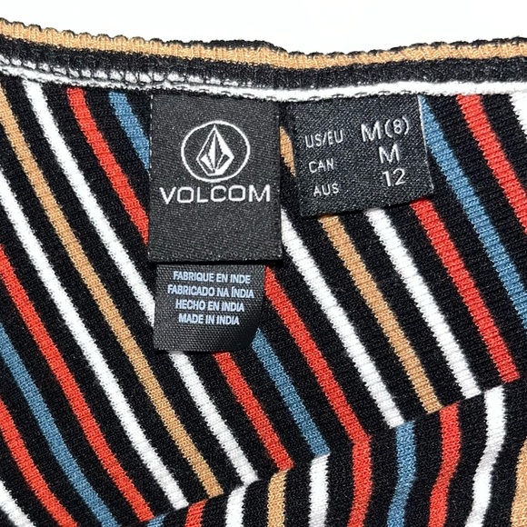 VOLCOM Strype Hype Bodysuit woman's size medium multi color striped deep v neck - Picture 4 of 14